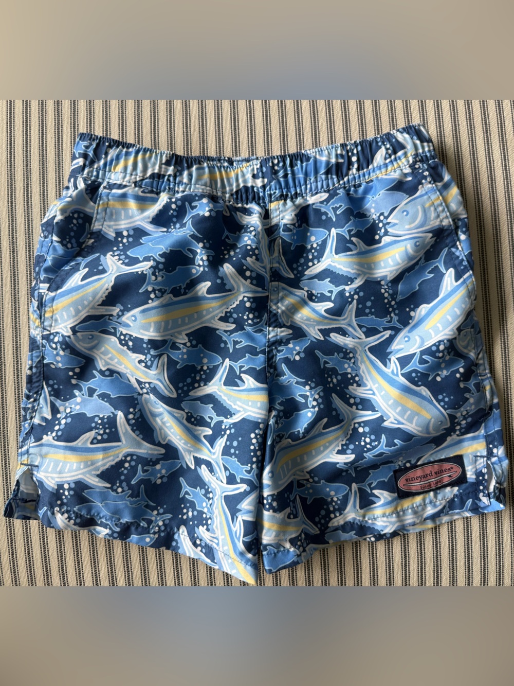 Boys size 6 Vineyard Vines Blue Fish-Print ChappySwim Trunks with Yellow Accents